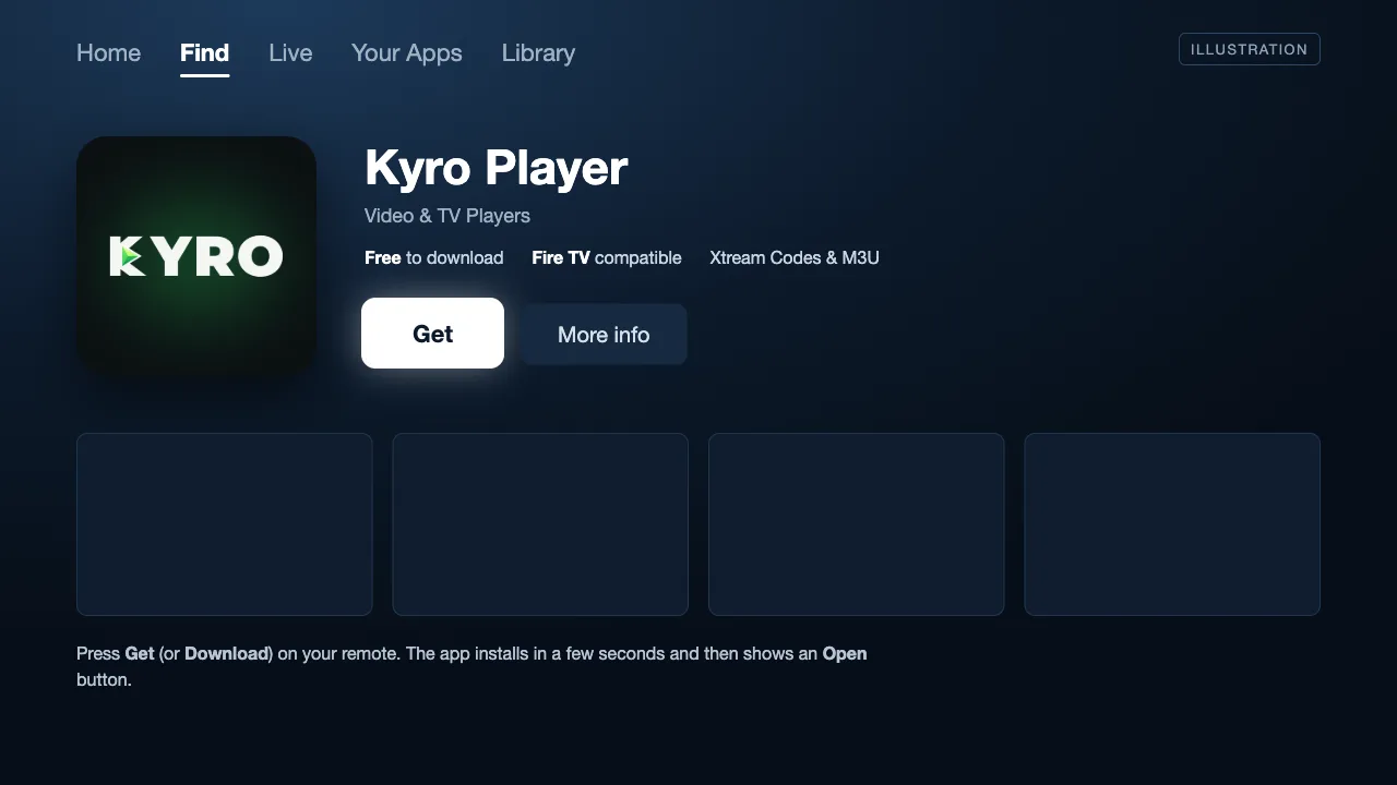 Fire TV app page for Kyro Player with the Get button highlighted