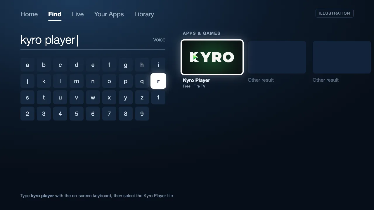 Fire TV Find screen with "kyro player" typed in the search box and the Kyro Player tile selected