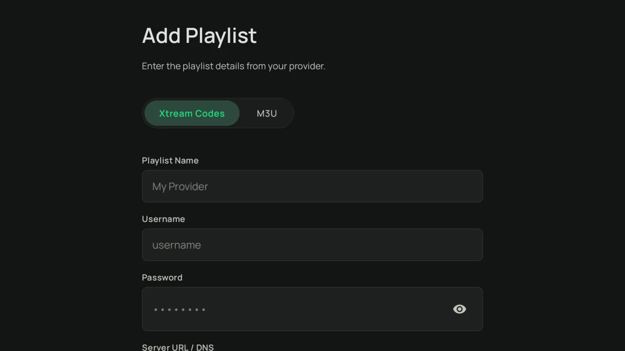 Kyro Player Add Playlist form on Fire TV with Xtream Codes selected and fields for Playlist Name, Username, Password and Server URL