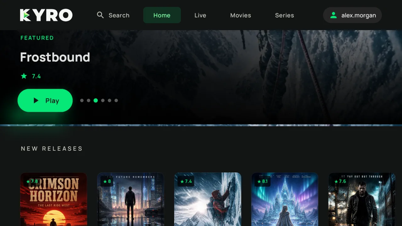 Kyro Player home screen on Fire TV showing a featured title and a row of new releases after a playlist was added