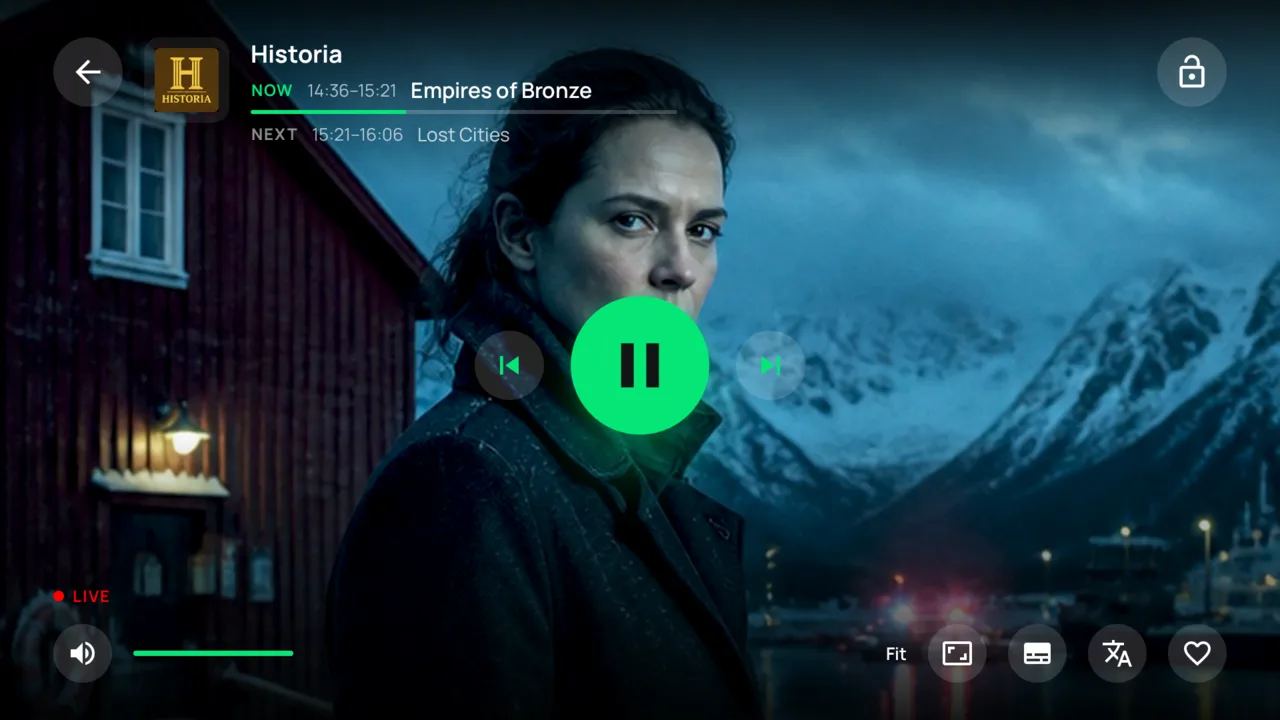 Kyro Player full-screen live playback on Fire TV with the channel overlay