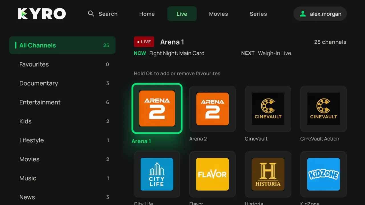 Kyro Player Live TV screen on Fire TV with channel categories on the left and channel logos with now and next information