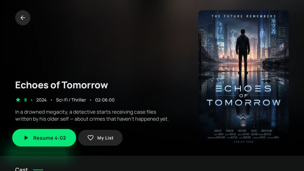 Kyro Player movie detail page on Fire TV with poster, rating, runtime and a Play button