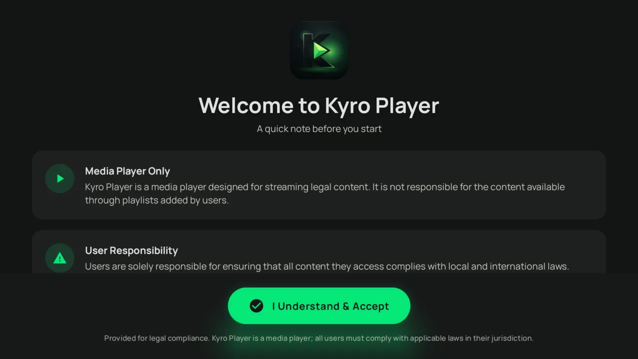 Kyro Player welcome screen on Fire TV explaining that it is a media player only, with the I Understand & Accept button