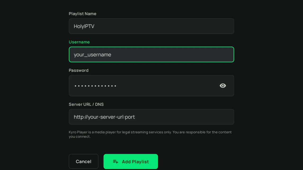 Example Xtream Codes login form with playlist name, username, password and server URL fields